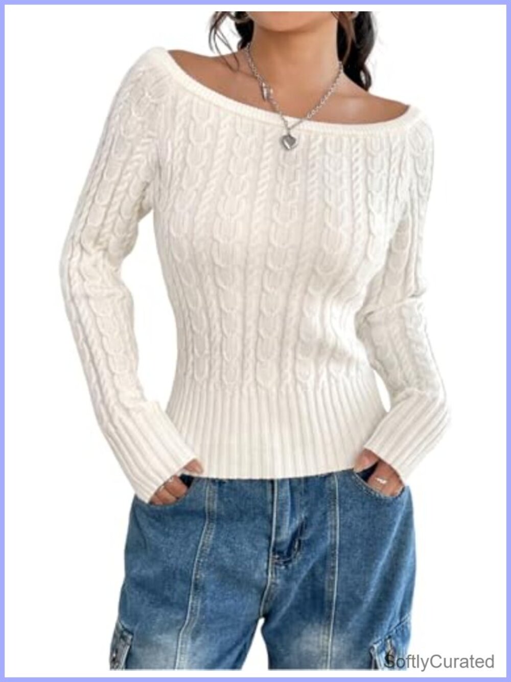 Women's Cable Knit Boat Neck Off Shoulder Pullover Sweater Long Sleeve Slim Fit